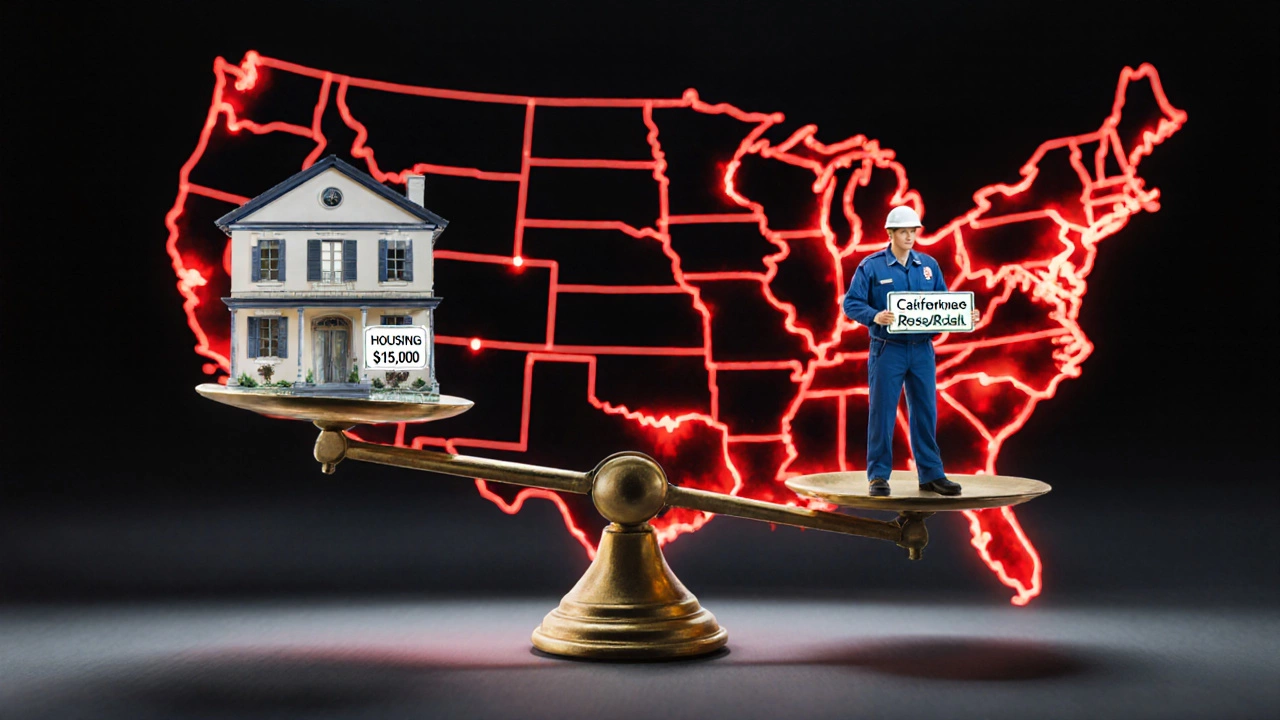 A scale tilting under the weight of California's high living costs versus a worker's modest income.