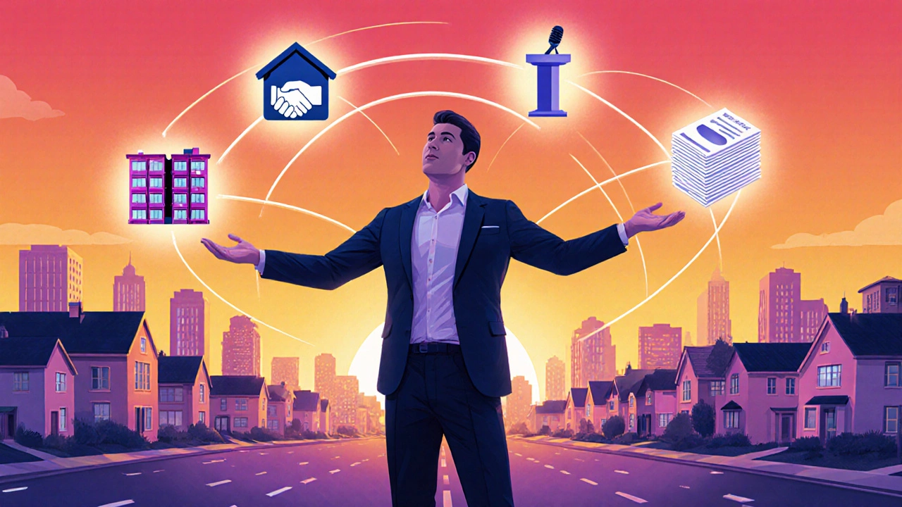 Agent surrounded by icons for property management, referrals, workshops, and marketing.