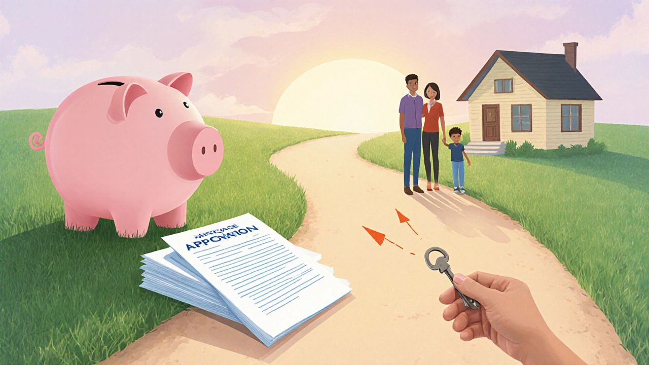Bright path with piggy bank, mortgage papers, and family approaching a home.