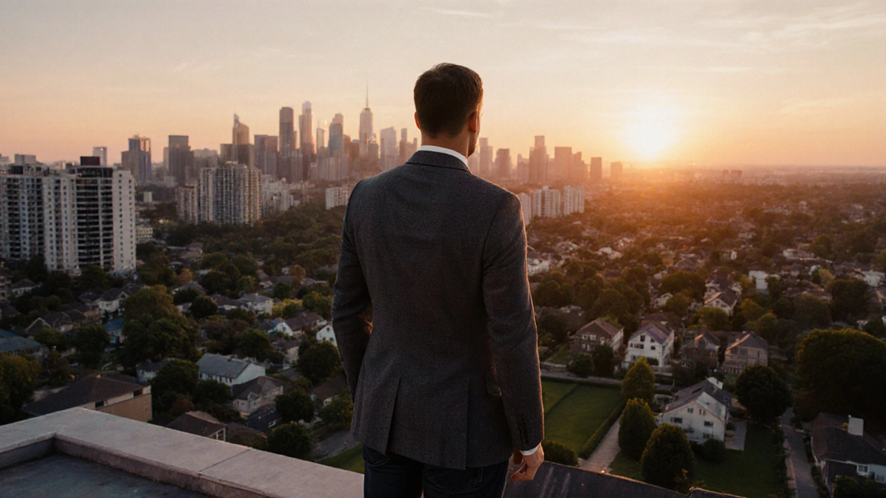 Broker standing on a rooftop at sunset, overlooking a city filled with various houses.