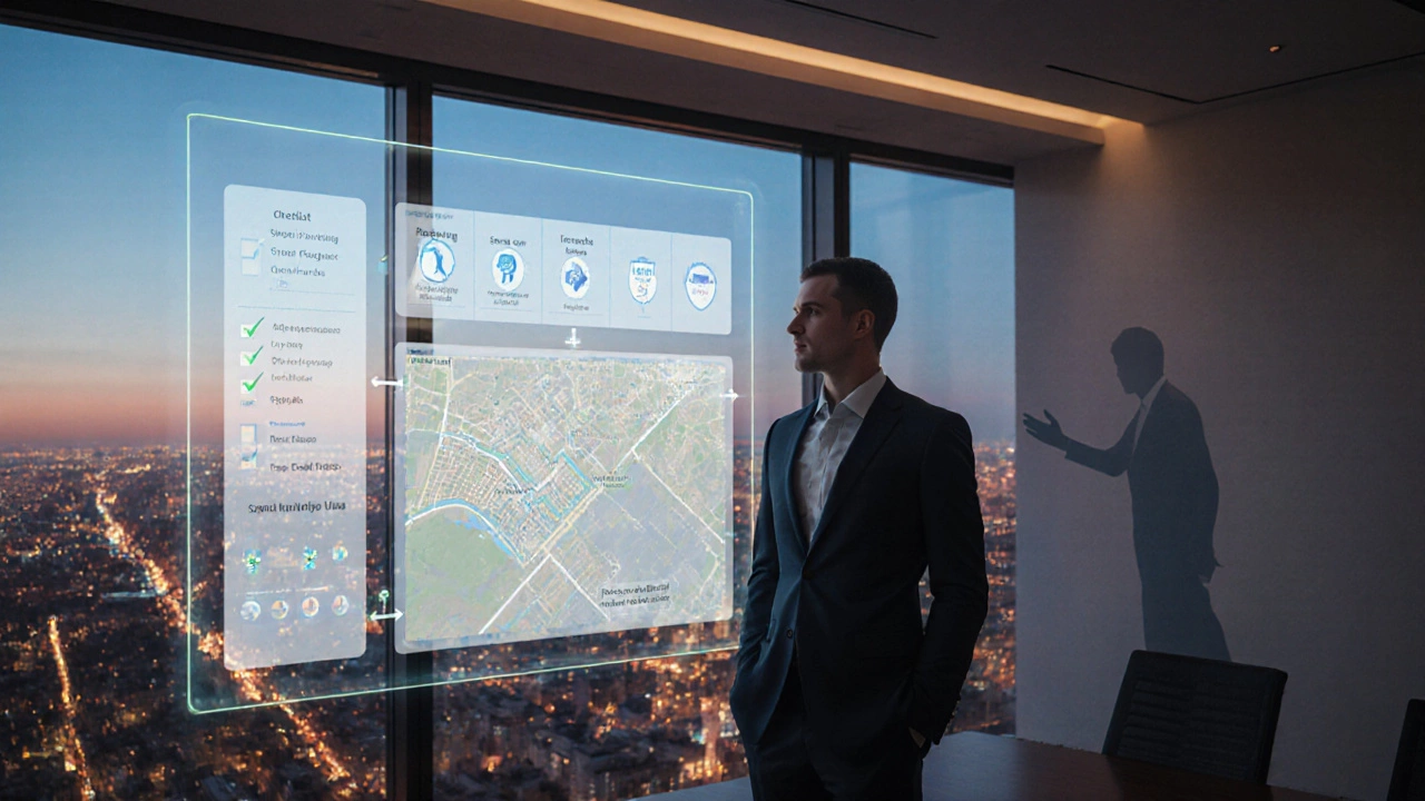 Businessperson reviewing a holographic checklist, map, and valuation chart.