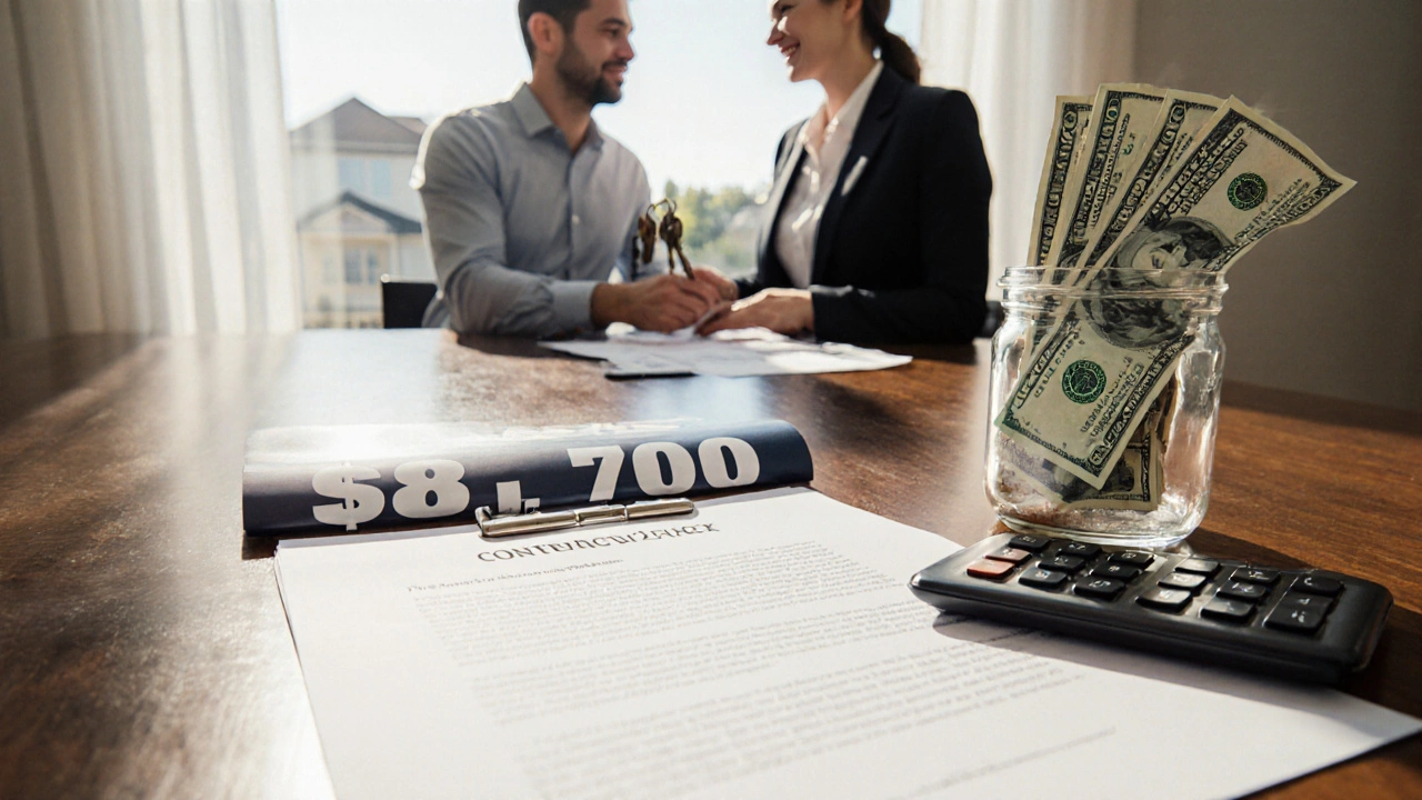 Close‑up of contract, calculator, and money illustrating a 0k home commission.