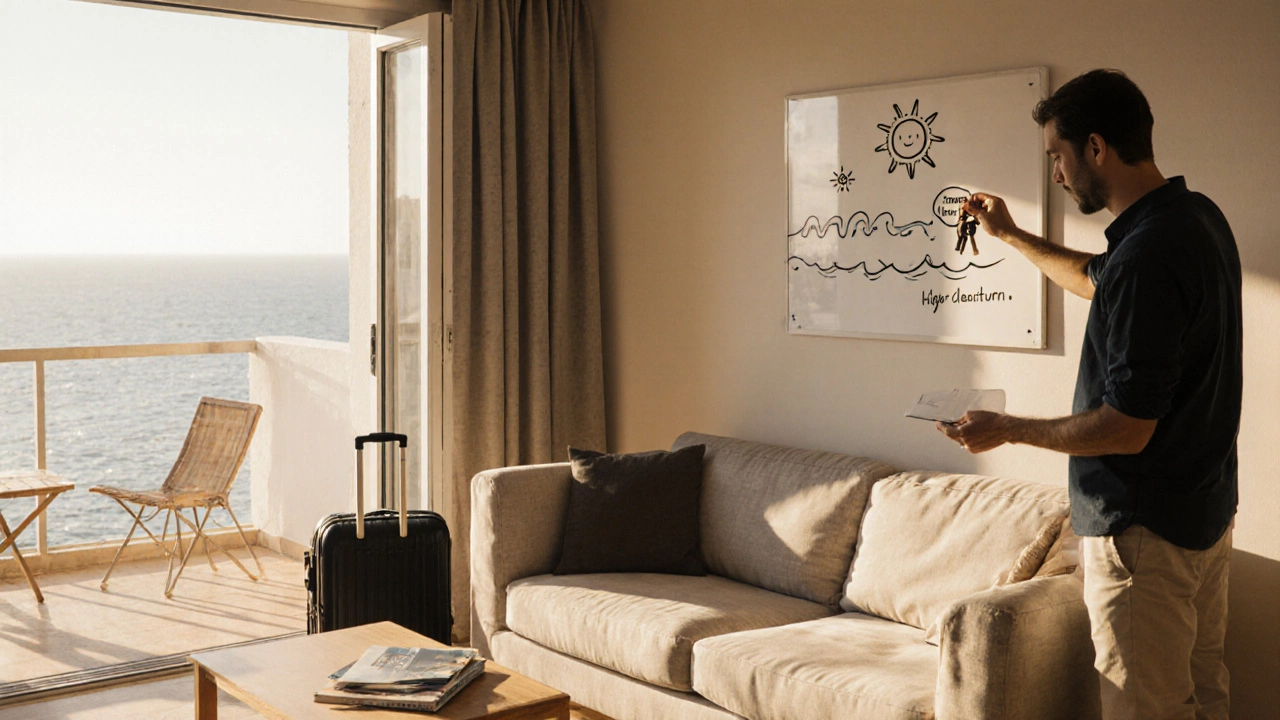 Coastal vacation rental interior with a sofa, suitcase, and host holding keys on a sunny balcony.