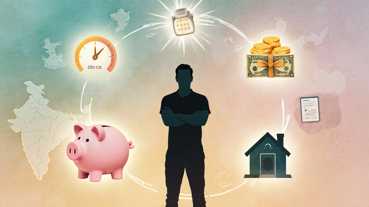 Collage of a homebuyer surrounded by icons for credit score, savings, down payment, and a house.