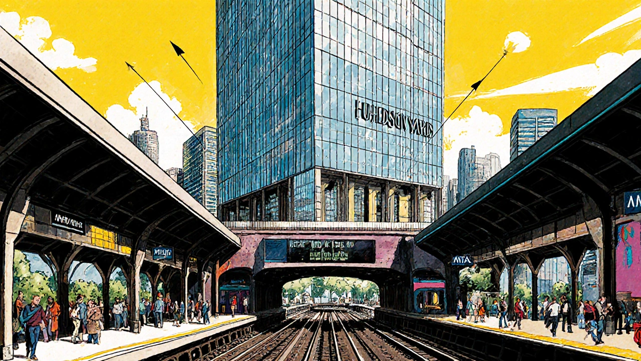 Comic‑style scene of a subway station below a glass tower representing Hudson Yards.