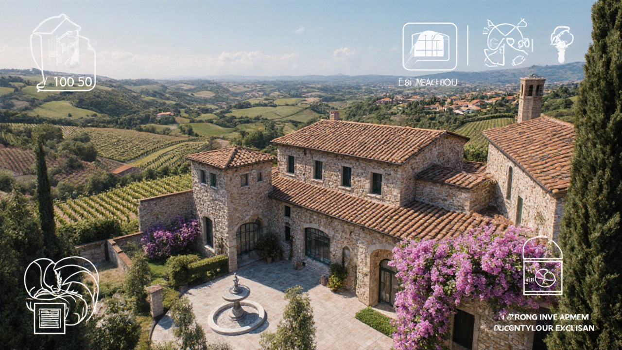 Concept art of a villa in a Tuscan countryside setting near vineyards.