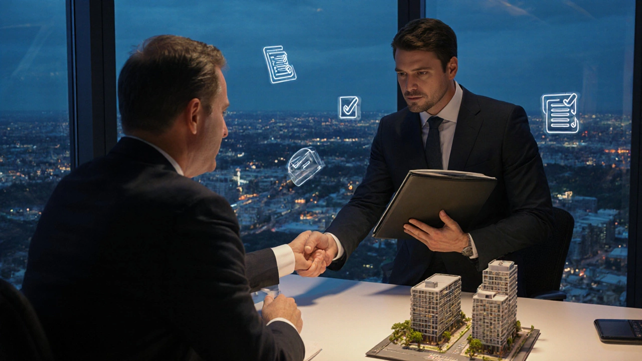 Consultant presenting a proposal to an executive with city view and a model of a redevelopment project.