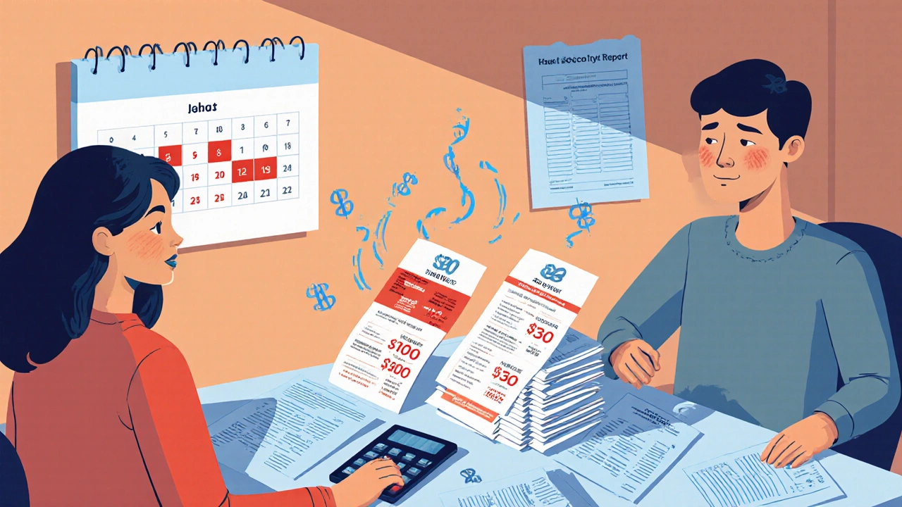 Couple at kitchen table surrounded by high rent bills and calendar.