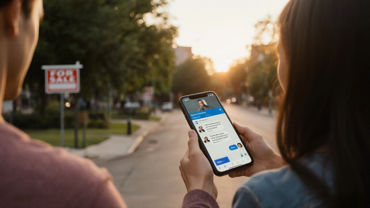 Couple using Trulia app to chat with a local resident about neighborhood noise