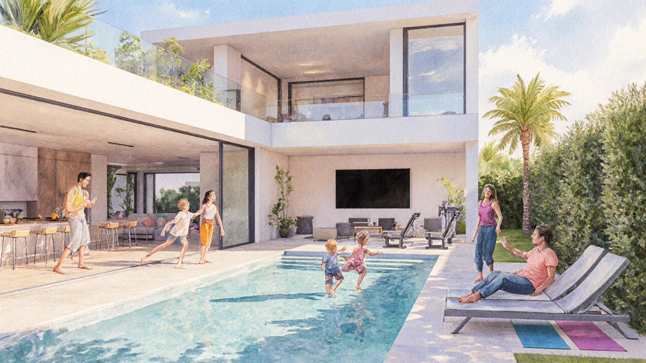 Family enjoying a villa&#039;s pool, home theater, and gym in a watercolor style.