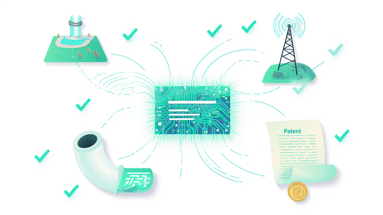 Flat design collage of software license, easement pipe, radio tower, patent scroll, surrounded by check‑mark icons.