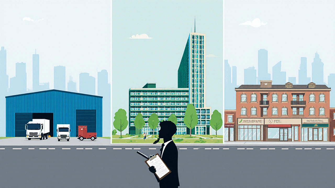Flat‑design scene of industrial warehouse, student housing, and mixed‑use building with investor holding a clipboard.