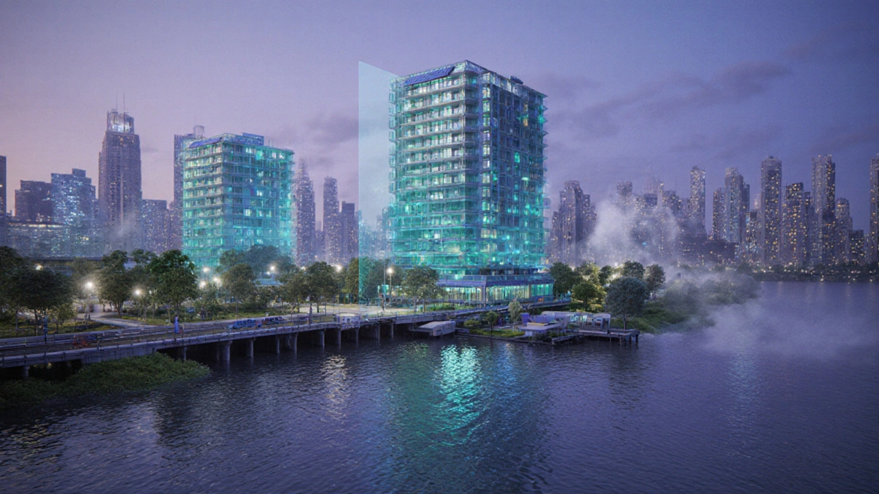 Futuristic waterfront with green parks, modular housing, and glowing overlays of land ownership.