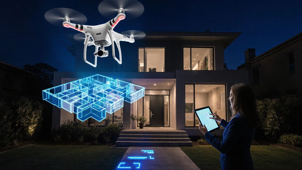 Holographic 3D floor plan floating above a luxury home with drone view