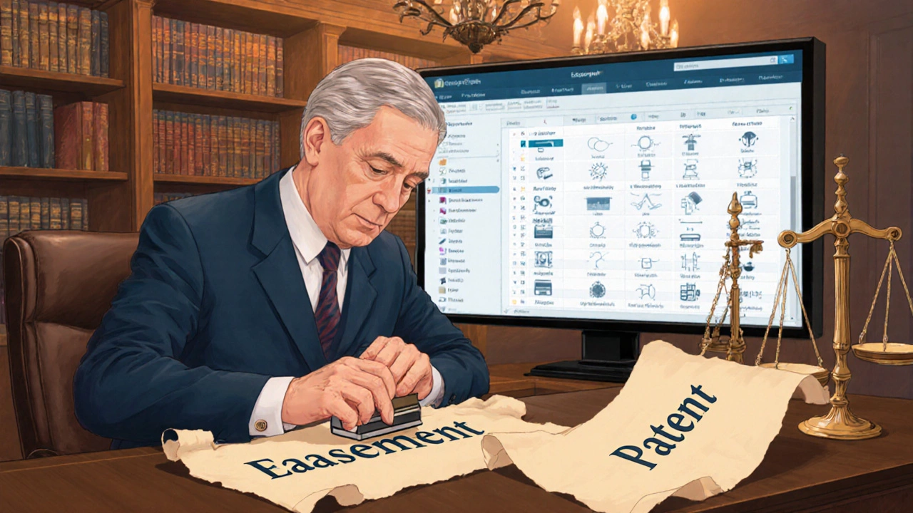 Illustration of a clerk stamping easement and patent documents in a registration office with a digital registry screen.