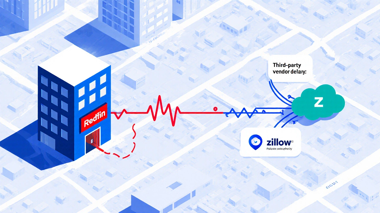 Illustration of MLS data streams flowing to Redfin and Zillow, showing different update speeds.