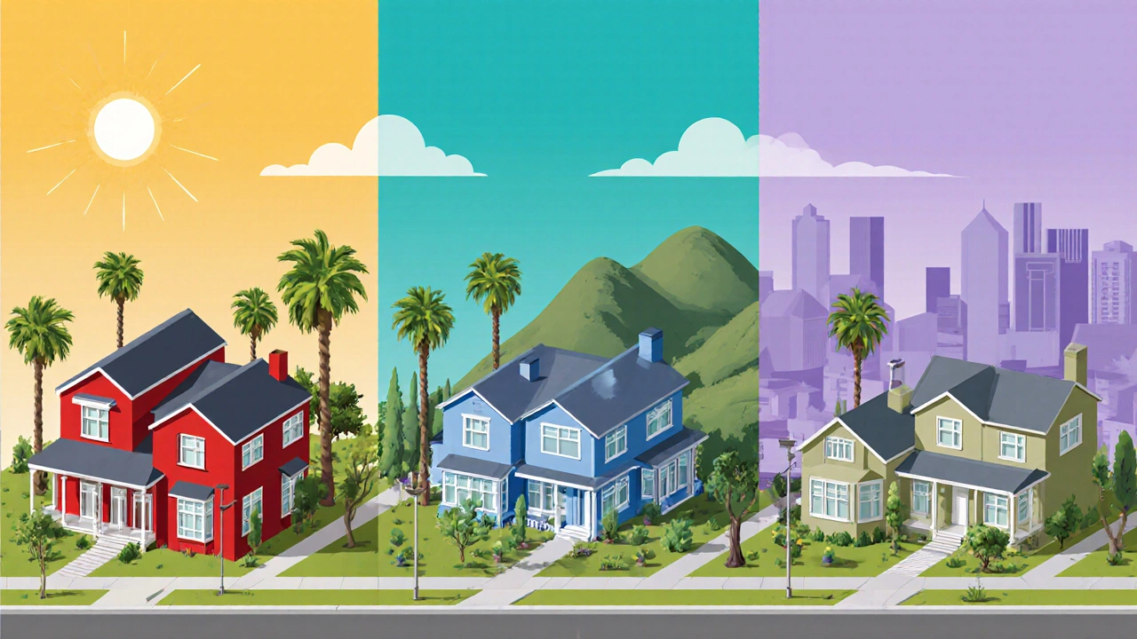 Isometric illustration of three city neighborhoods showing different home styles and atmospheres.