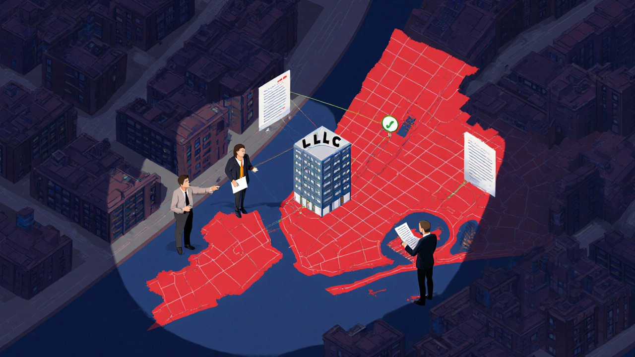 Isometric map of NYC neighborhood highlighting owned parcels with investigators and tenant.