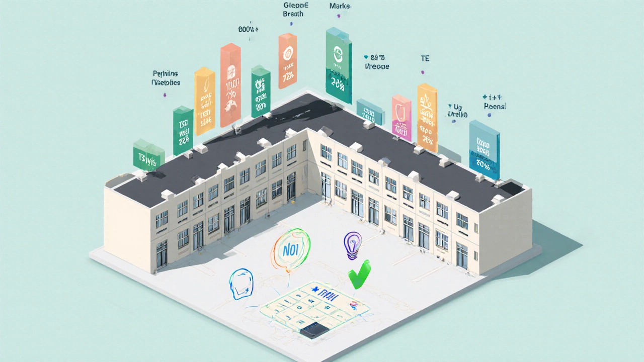 Isometric view of a 20‑unit apartment complex illustrating rent, vacancy, and expenses.