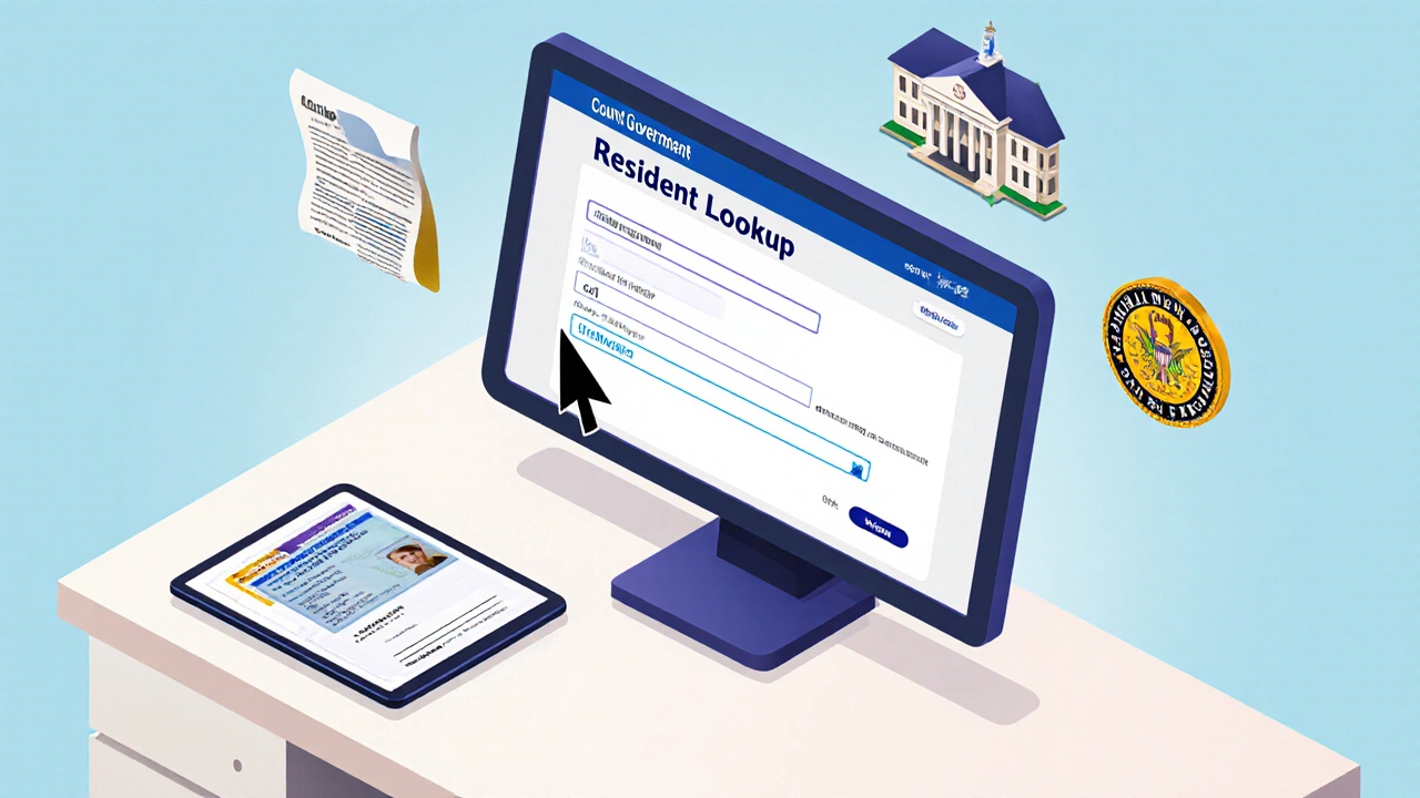 Isometric view of online resident lookup tool with documents being uploaded.