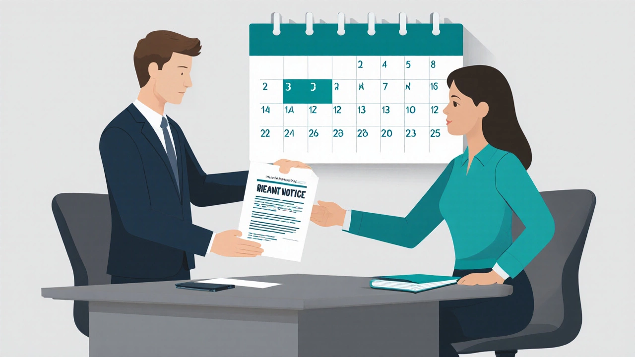 Landlord handing rent‑increase notice to tenant with a calendar showing one annual increase.