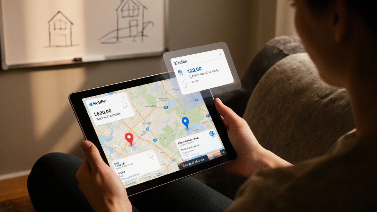 Person reviewing Redfin and Zillow estimates on a tablet while crossâchecking information.