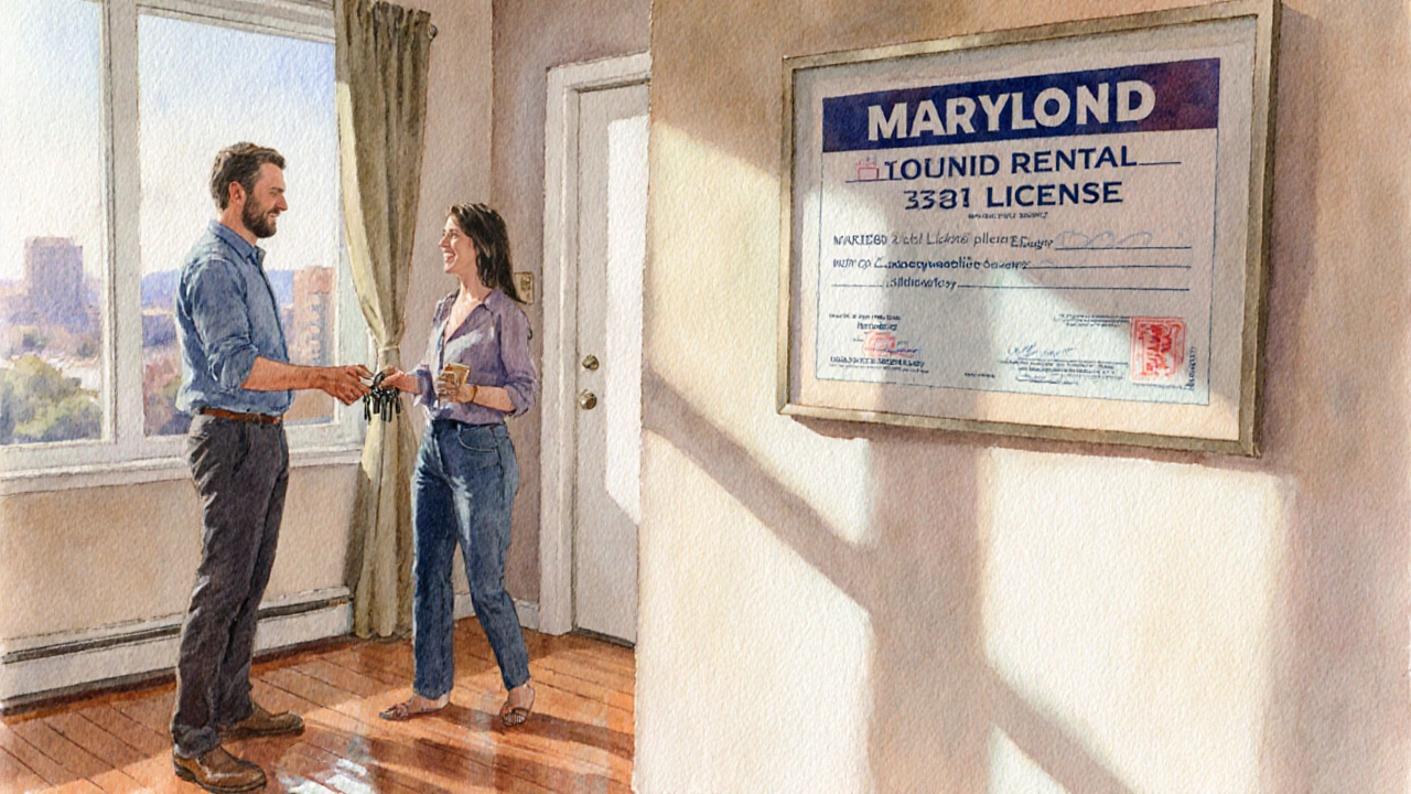 Rental apartment interior with a displayed license on the wall, landlord handing keys to smiling tenant.