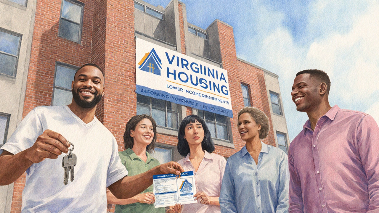 Renters receiving keys and voucher in front of an affordable‑housing building.