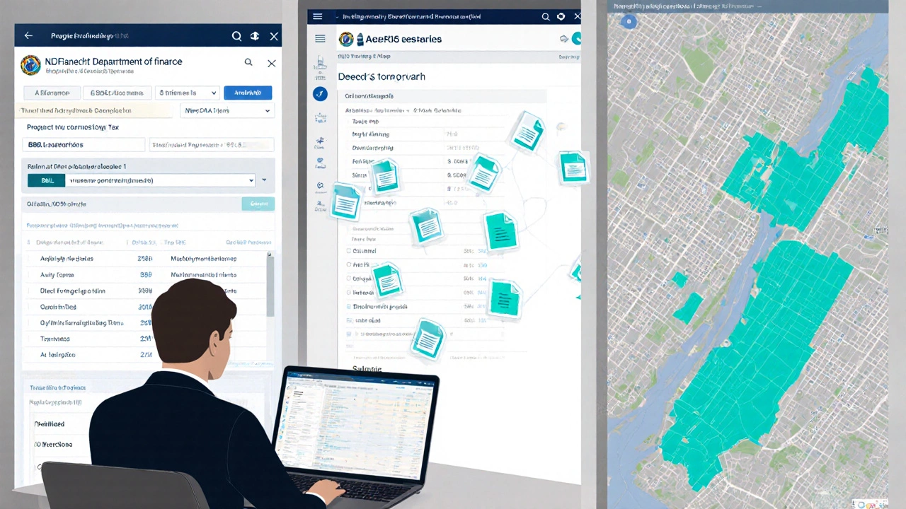 Researcher using computer to browse tax records, deed files, and GIS map of NYC parcels.