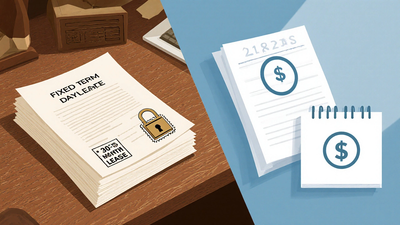 Side‑by‑side illustration of fixed‑term lease with lock and month‑to‑month lease with calendar.