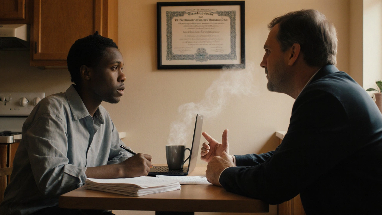 Tenant and landlord discussing rent increase at a kitchen table.