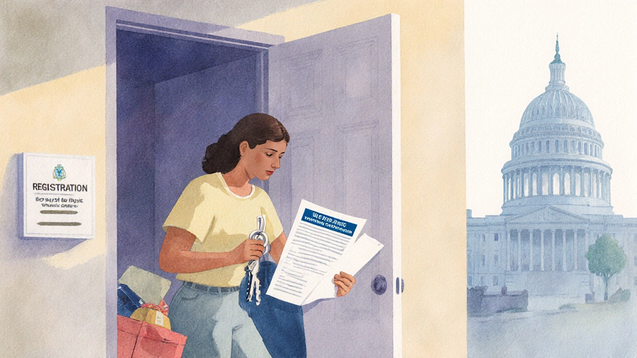 Tenant with police report and keys exiting an apartment, symbolizing safe‑exit rights.