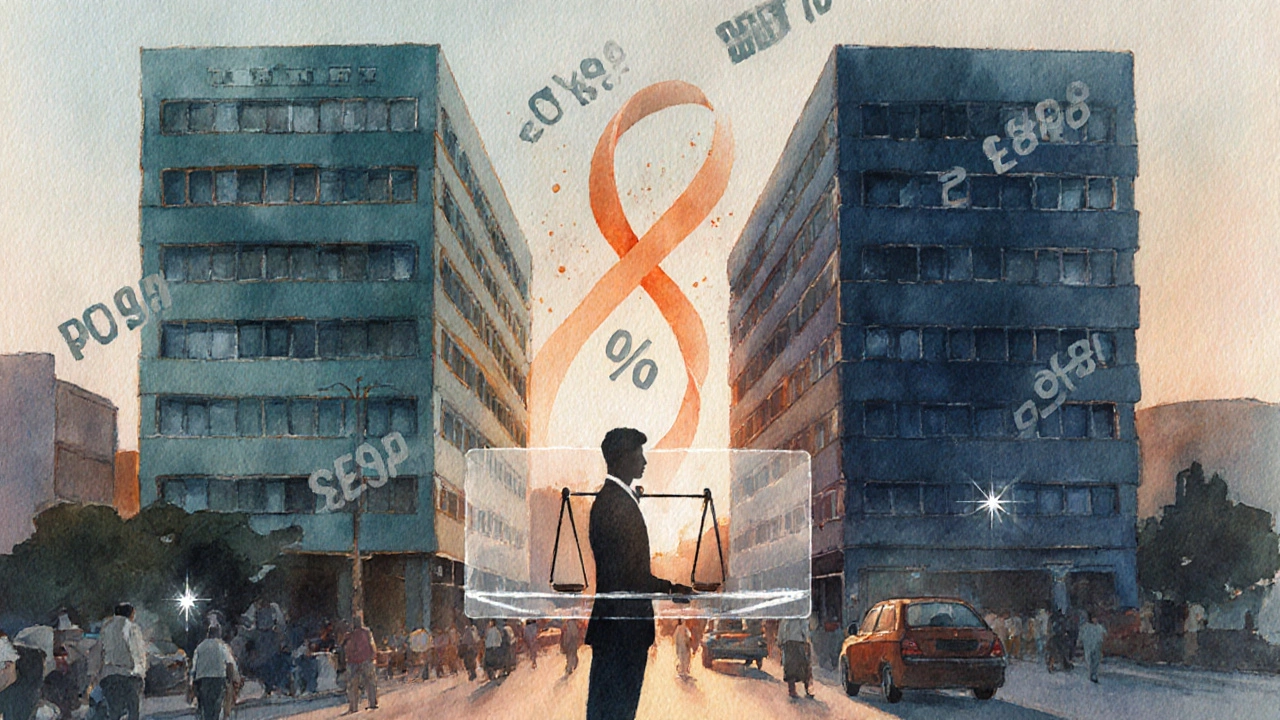 Watercolor of two office buildings and an investor weighing NOI and cap rates.
