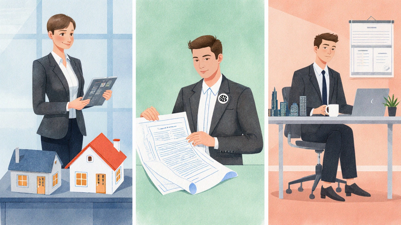 Watercolor scene of an agent, a Realtor, and a broker each engaged in their duties.