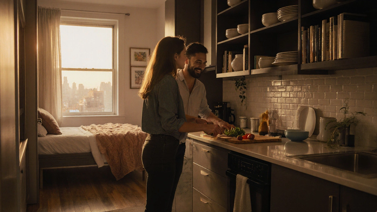 A couple cooking together in a compact urban kitchen with wall-mounted appliances and a fold-down dining counter.