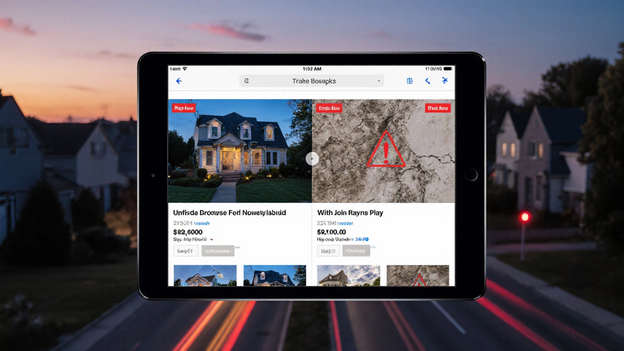 A digital home listing shows beautiful photos on one side and hidden problems on the other.