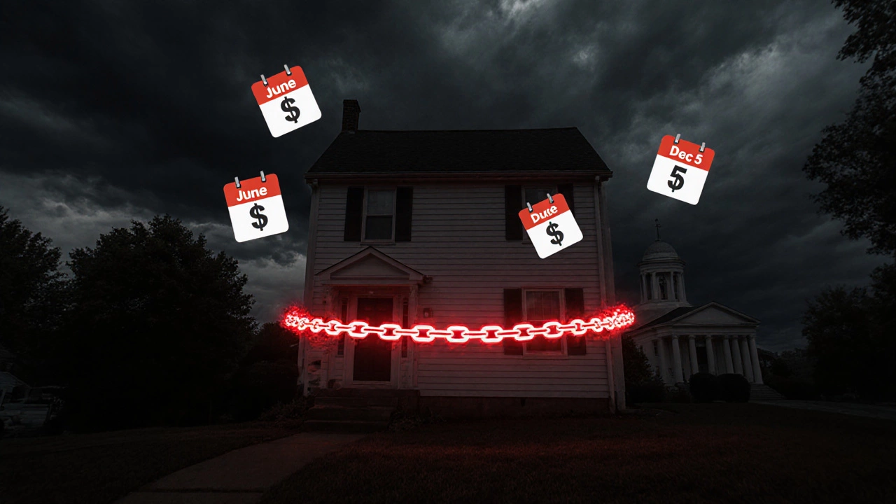 A house with a glowing red tax lien chain under a stormy sky.