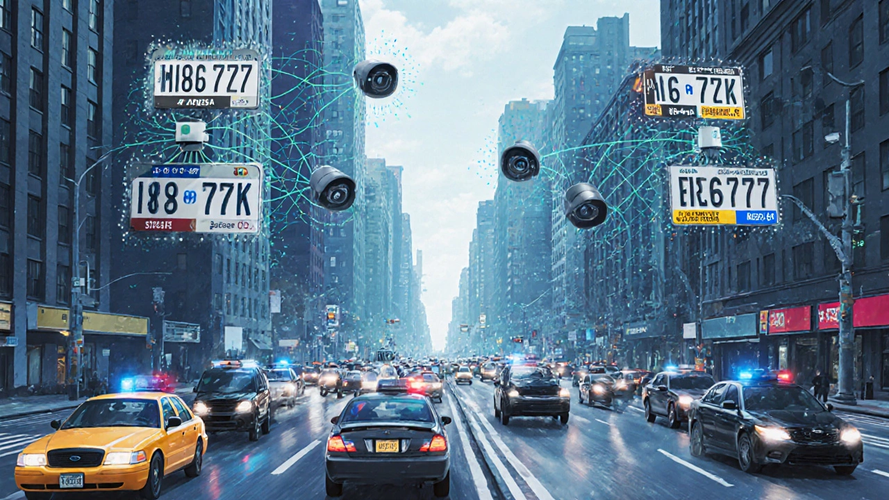 A network of vehicles in a bustling city, each with two license plates, connected by digital tracking systems.