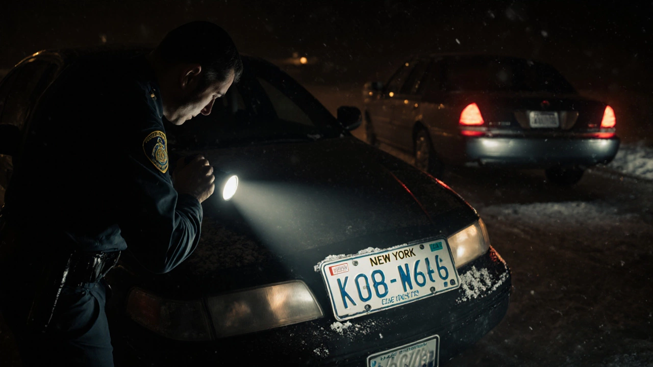 A police officer shining a light on a car&#039;s front license plate during a nighttime traffic stop in New York.