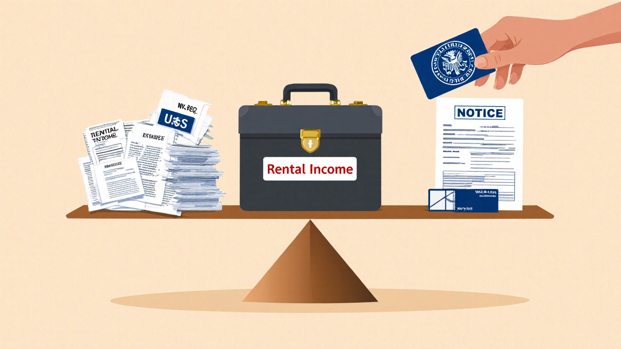 A scale balancing rental expenses against IRS penalties, with tax forms tipping the balance.