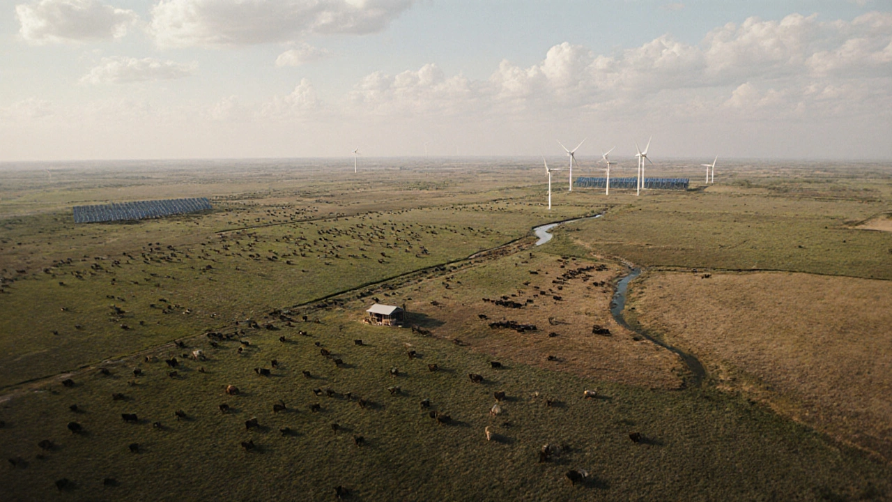 Aerial view of a Texas ranch with cattle, solar panels, and a cabin amid vast open land.