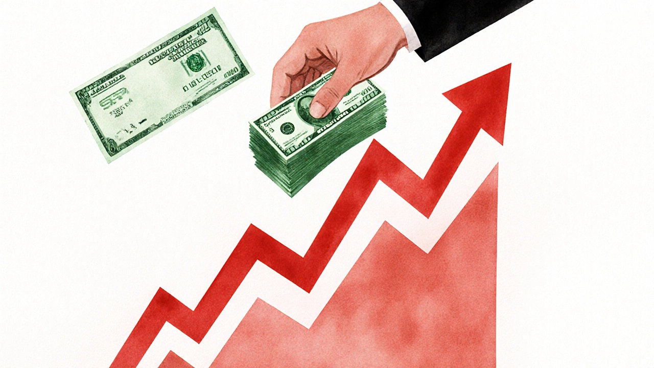 Cash flowing into stock market graph while rent check fades away