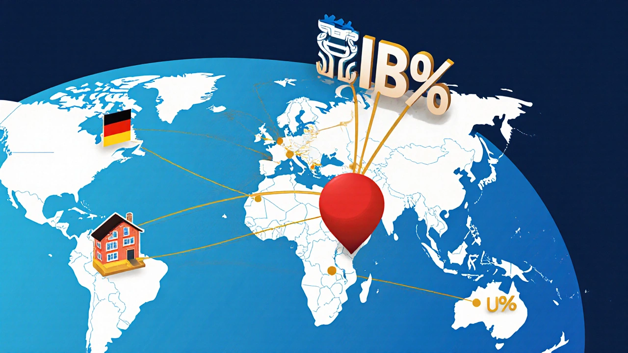 Global connections to a U.S. rental property with IRS withholding symbol.