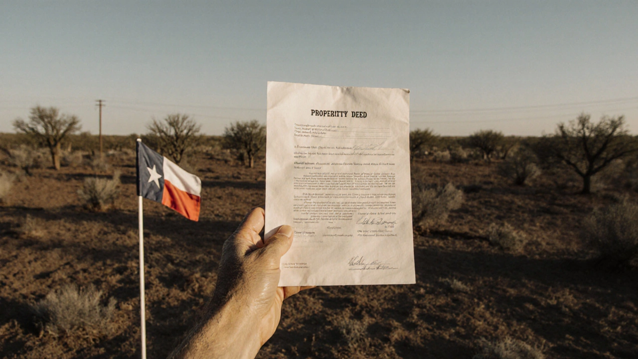 Hand holding a land deed against raw Texas terrain with surveyor’s flag in foreground.