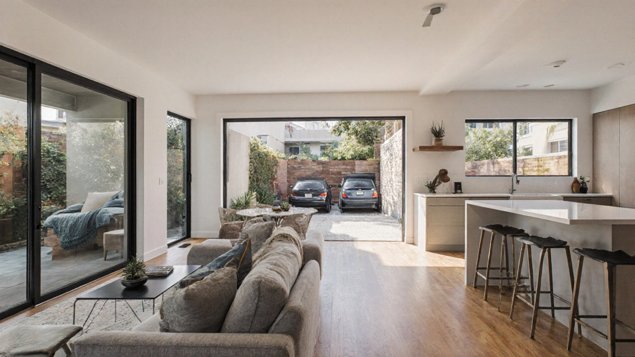 Modern townhome with open floor plan, garage, and private courtyard.