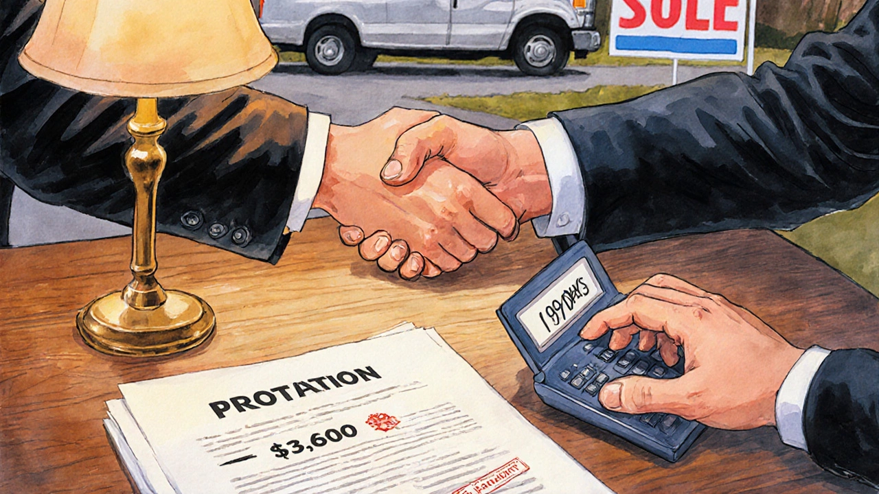 Real estate closing with proration calculation on documents and calculator.