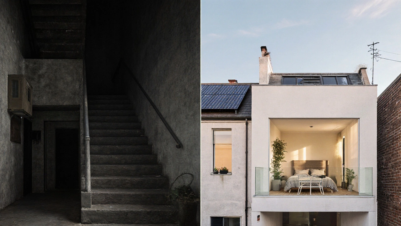 Split image comparing old cramped townhouse with spacious modern townhome.