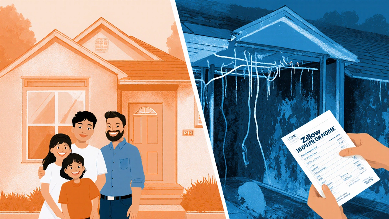 Split image of idealized home exterior vs. hidden interior defects