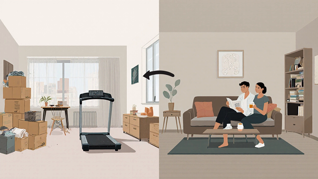 Split-screen concept: cluttered large apartment vs. organized small apartment with smart furniture and calm couple.