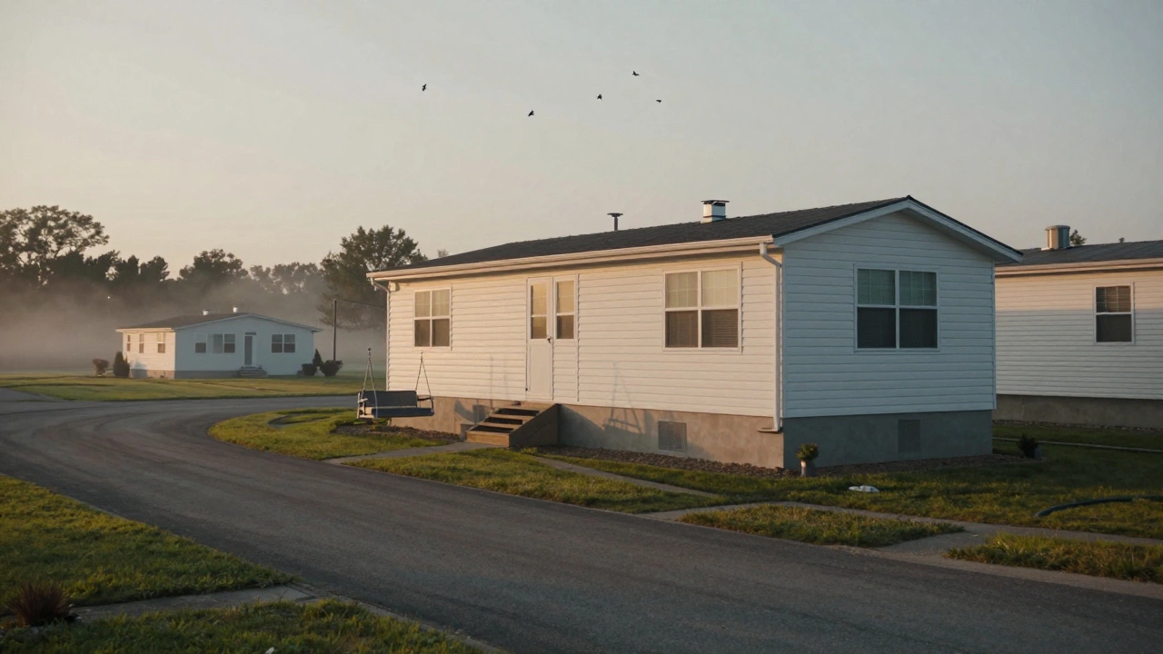 A clean manufactured home in a quiet mobile home park at sunrise.